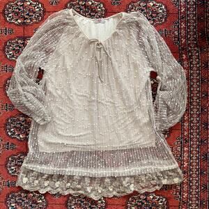 SCANDAL Net Covered Lace Edged Roll Up Sleeve‎ Cami Lined Top Made in Italy